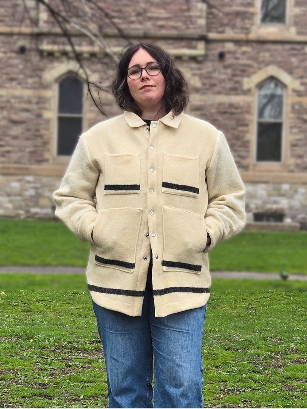 Upcycled Blanket Jacket - medium - beige/black stripe